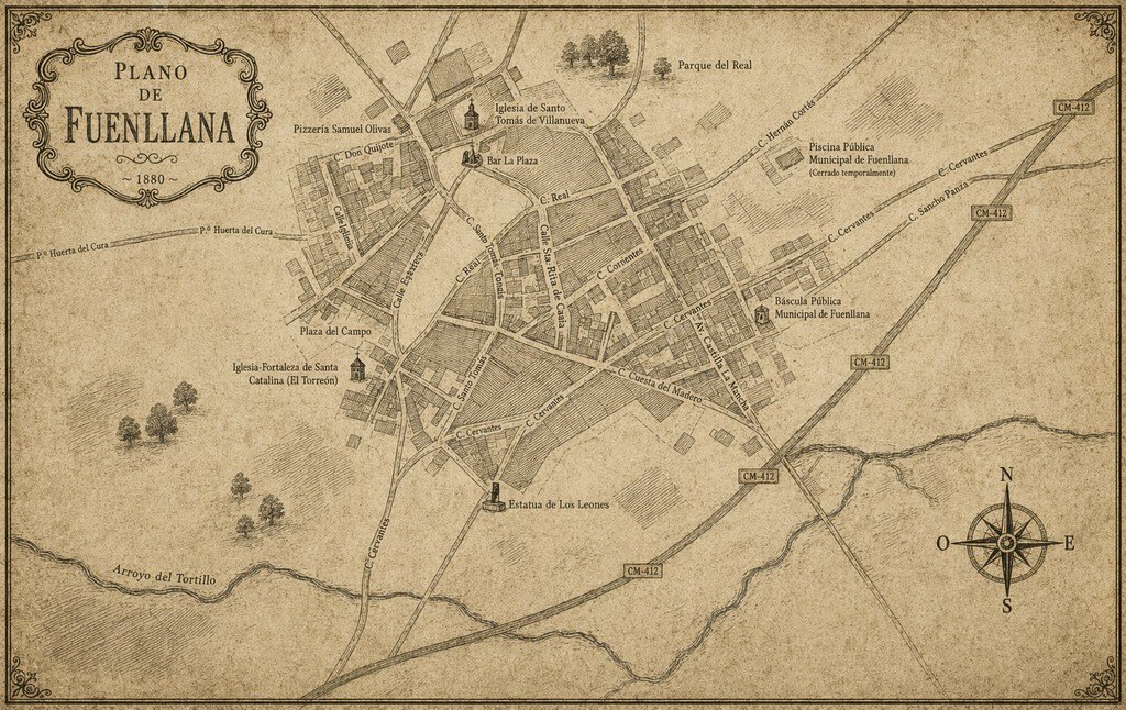 Plano ilustrado de Fuenllana con estética antigua